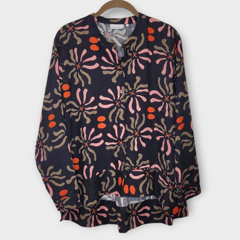 FOIL Summer Days 100% Linen Button Front Shirt 6 Navy Floral Mandarin Collar
